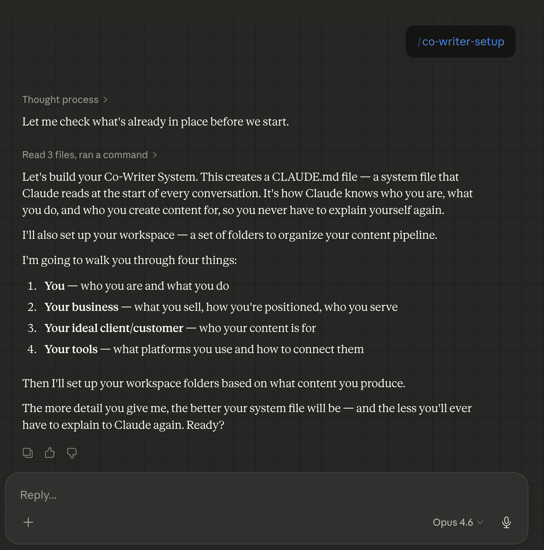 The setup skill interview running in Claude Cowork